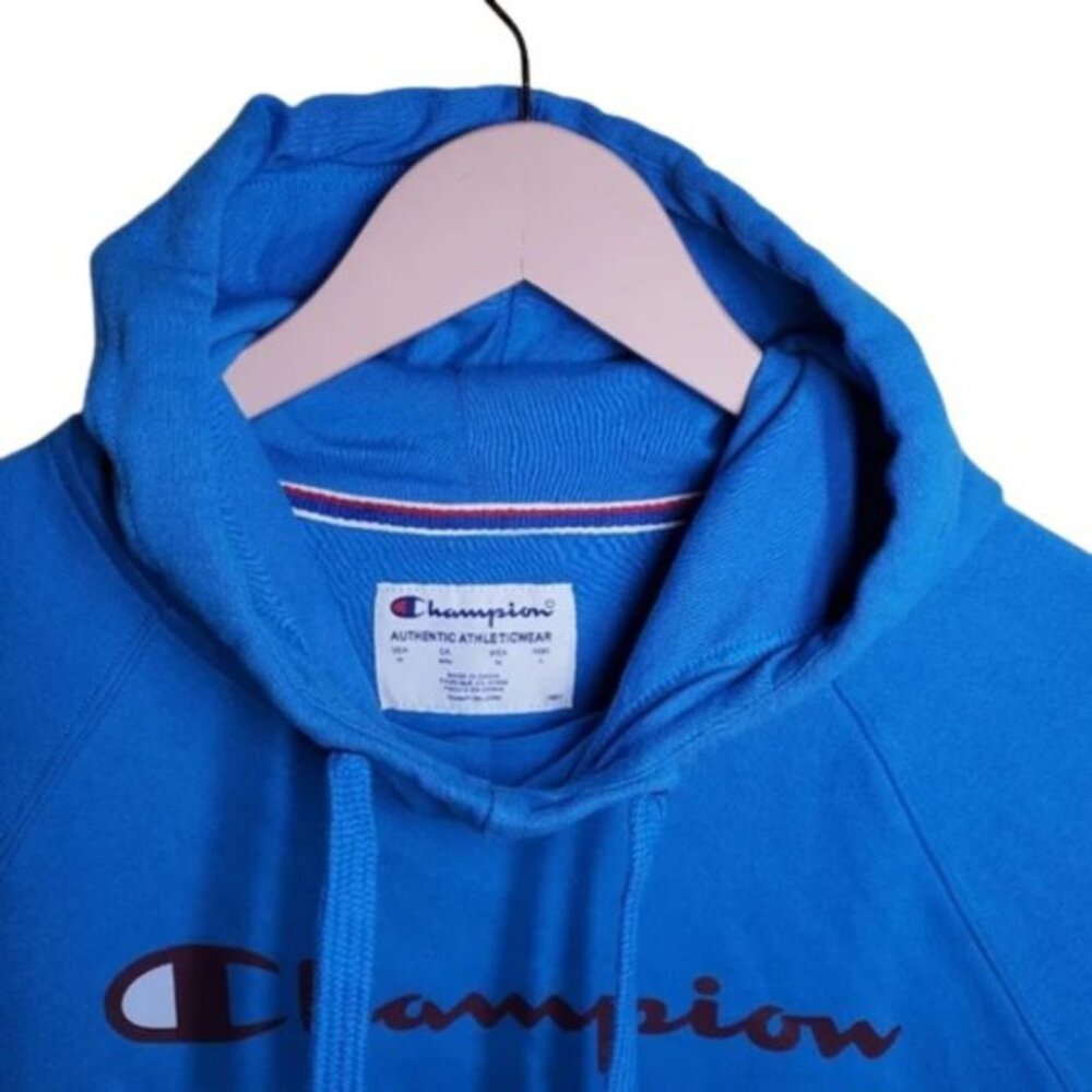 Champion Women's Hoodie Blue Script Logo Pullover Sweatshirt Size M Long Sleeve - Picture 8 of 11